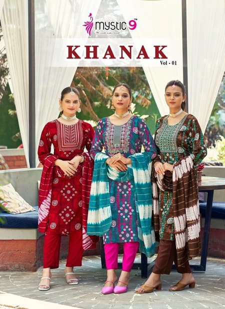 Khanak Vol 1 By Mystic 9 Rayon Embroidery Kurti With Bottom Dupatta Wholesalers In Delhi